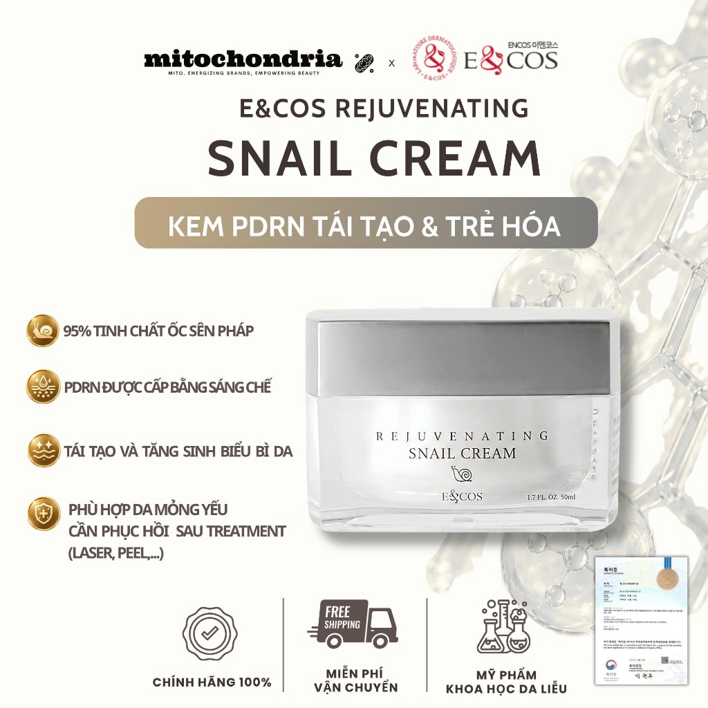 Kem PDRN & tế bào gốc ốc sên Pháp tái tạo & trẻ hóa da E&COS Rejuvenating Snail Cream 50ml