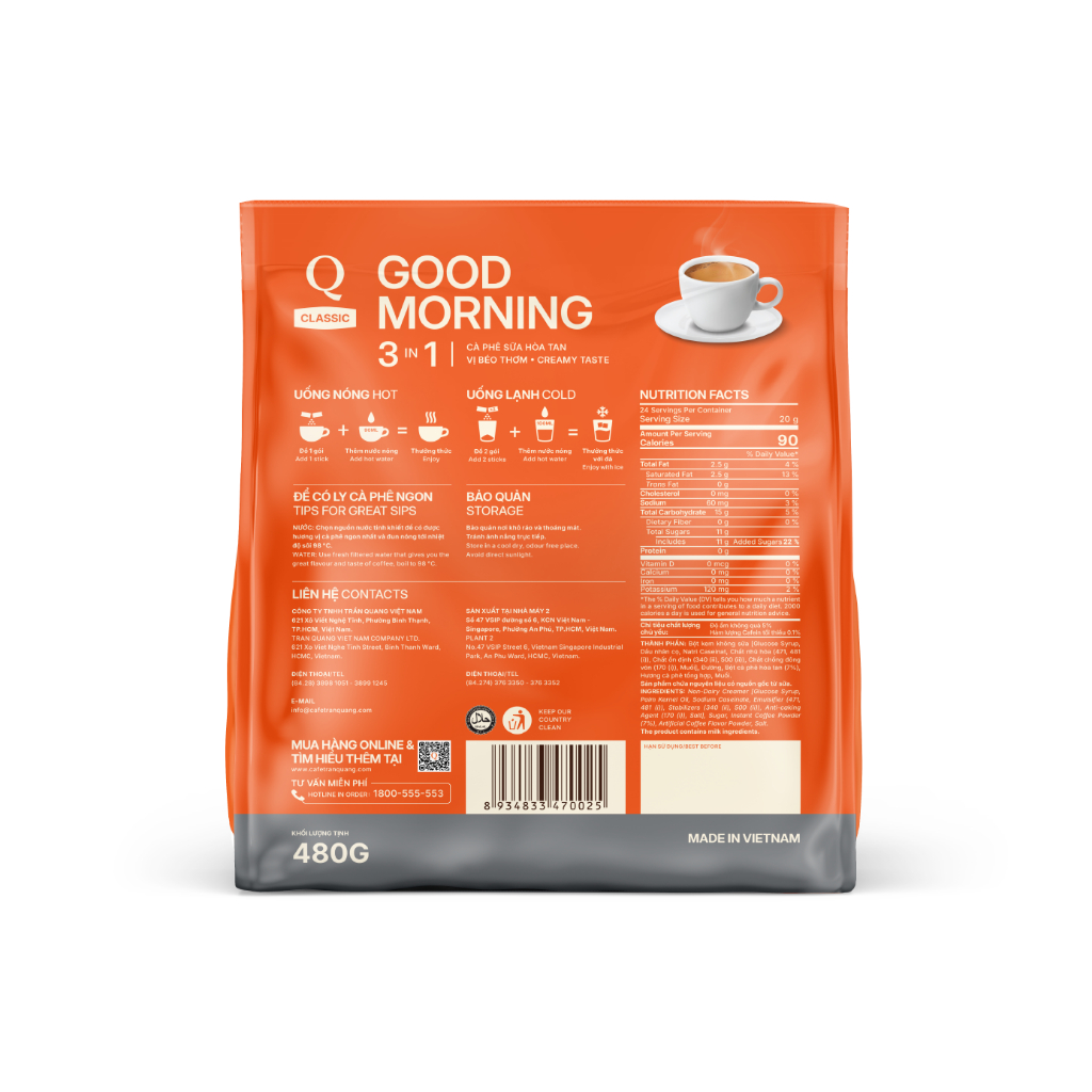 Cà Phê Sữa Hòa Tan Trần Quang Q Classic Ngon / Good Morning (Bịch 24 Ống x 20g)