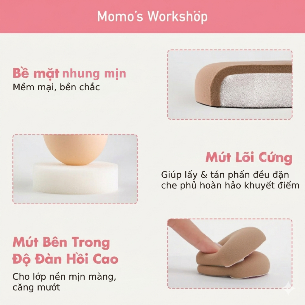Bông Mút Tán Má Hồng - Che Khuyết Điểm Ốc Hồng Momo's Workshop Momoland Airy Mallow Jet Puff-Blush Tides Dry Use (1pcs)