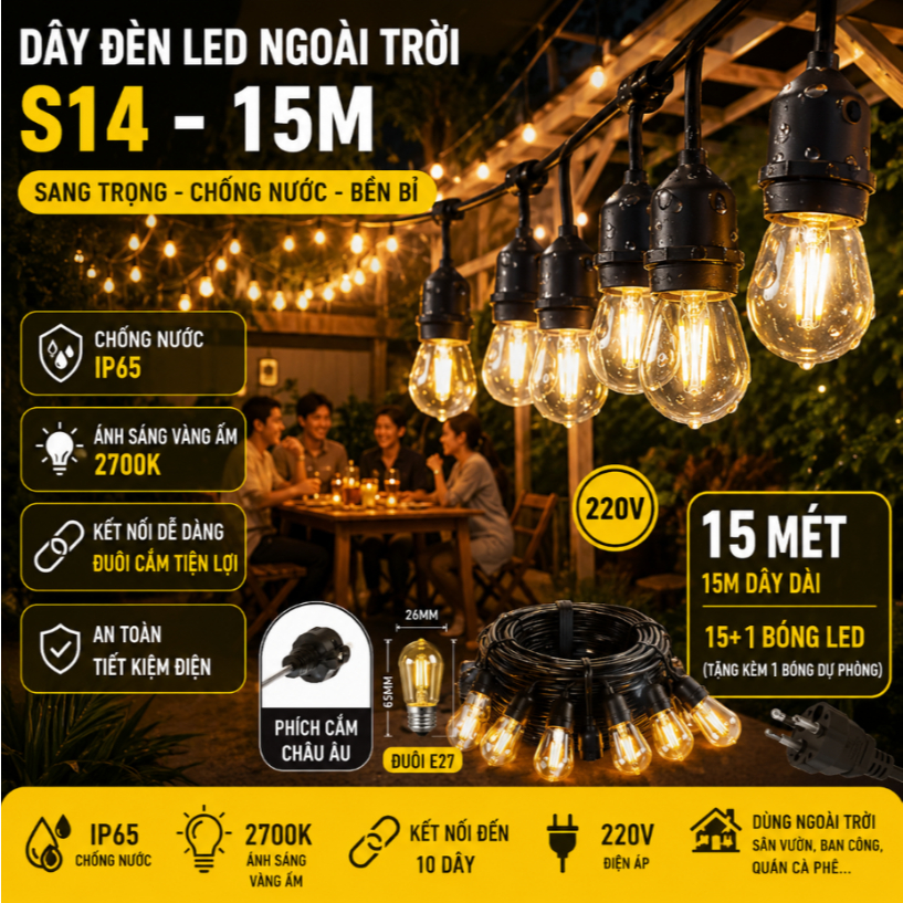 Đèn S14 Ngoài Trời 10M/15M Chống Nước IP65, Dây Đèn LED Trang Trí Sân Vườn, Tiệc, Ban Công, Cafe