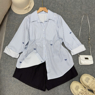 SET Sơ Mi In Nơ Quần Đùi Bigsize Nữ Áo Somi Tay Dài Kèm Quần Short Năng Động Cho Chubby SET975