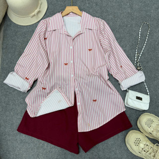 SET Sơ Mi In Nơ Quần Đùi Bigsize Nữ Áo Somi Tay Dài Kèm Quần Short Năng Động Cho Chubby SET975