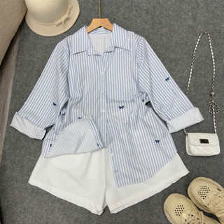 SET Sơ Mi In Nơ Quần Đùi Bigsize Nữ Áo Somi Tay Dài Kèm Quần Short Năng Động Cho Chubby SET975