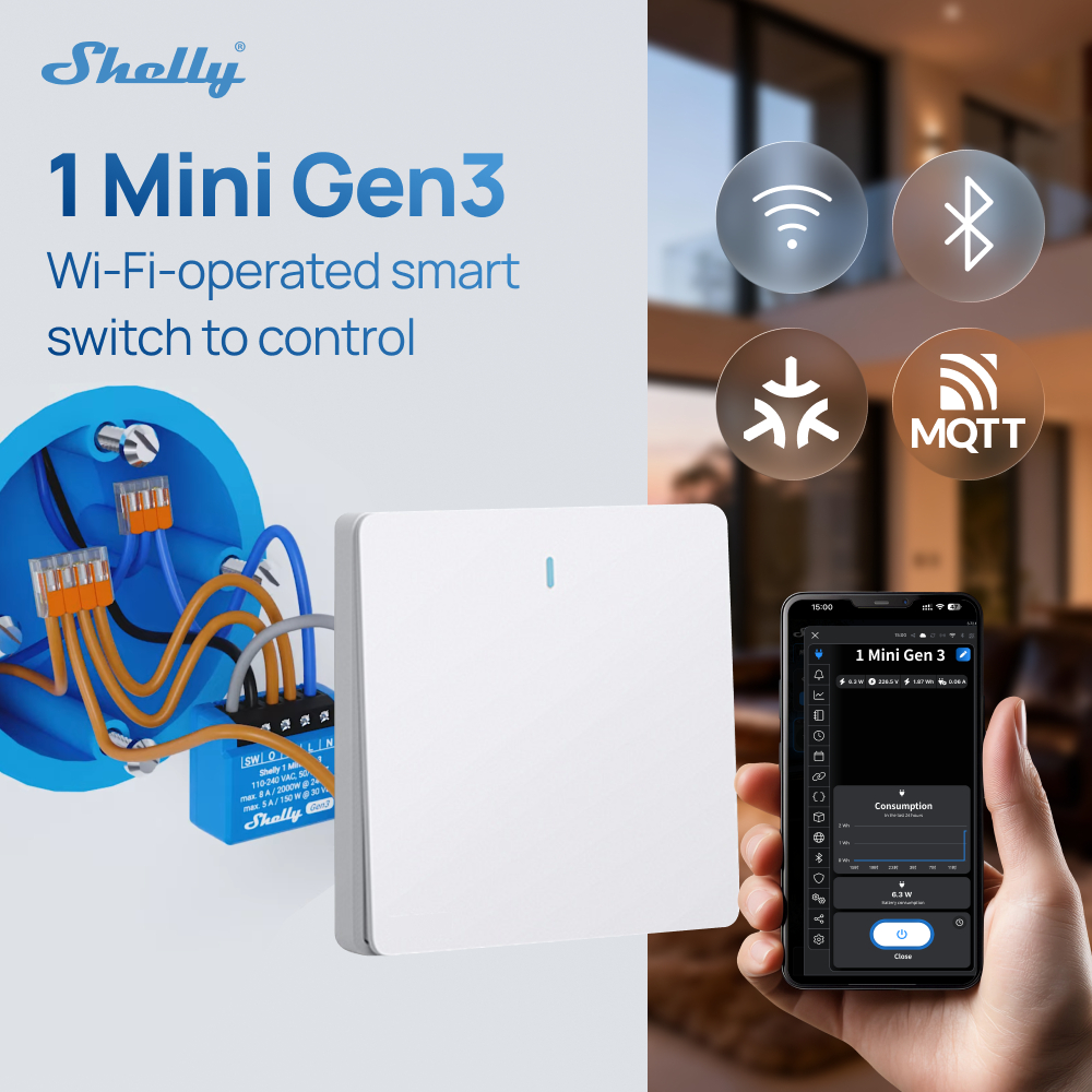 Shelly 1 Mini Gen3 8A Công tắc rơle WiFi thông minh Mini Model Max 8A/240 VAC 5A/30 VDC