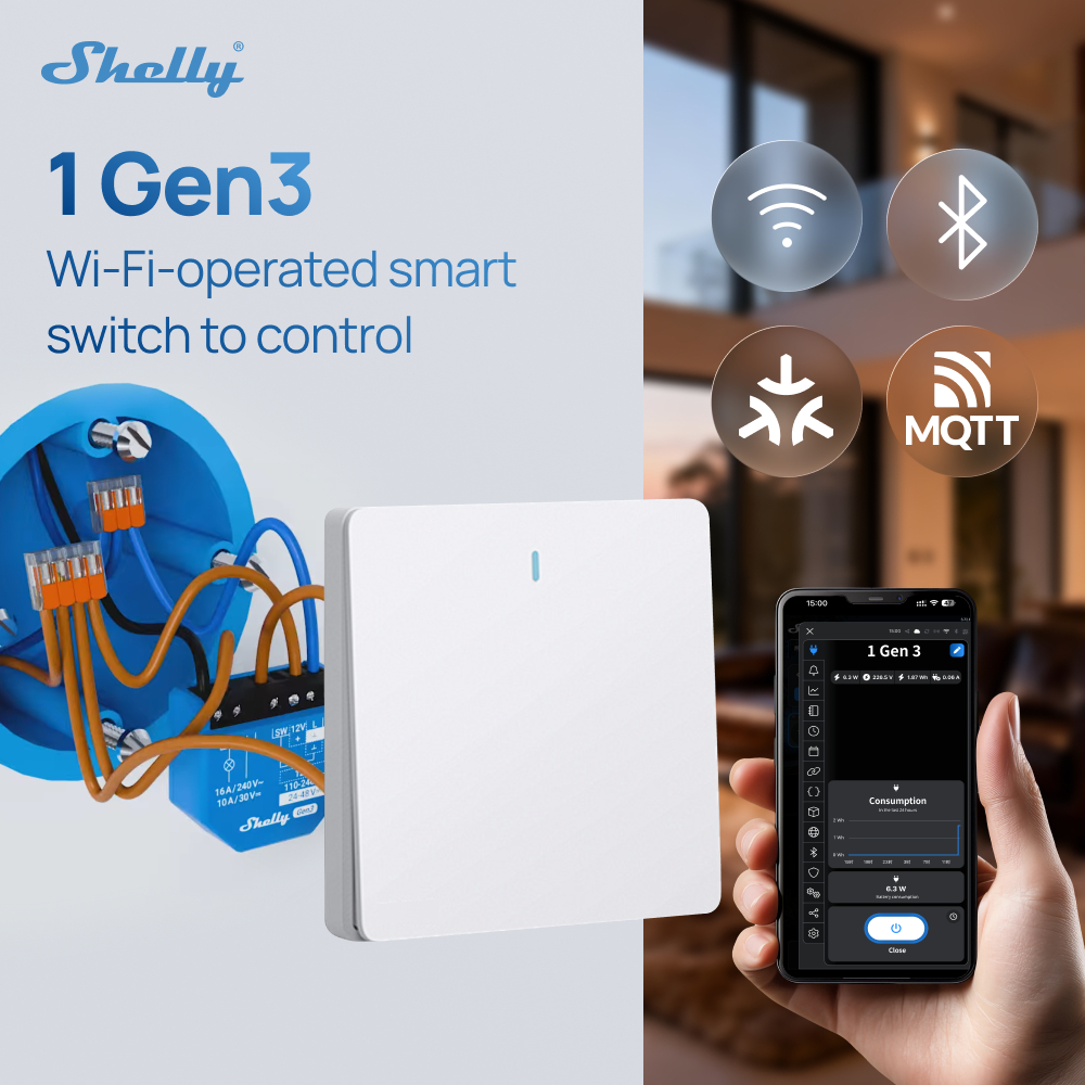 Shelly 1 Gen3 Công Tắc Thông Minh 1 Kênh Wi-Fi / BLE 16A  Điều Khiển Đèn / Thiết Bị+Tự Động Hóa Nhà