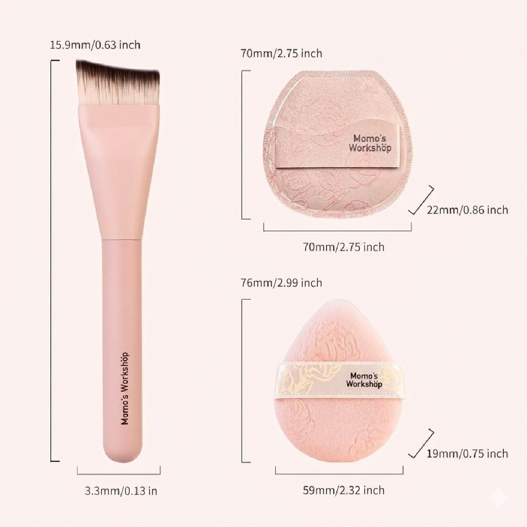 Bộ Cọ & Bông Mút Trang Điểm Cao Cấp Momo's Workshop Rosy Reverie Trio Set - Satin Rose Edition (3pcs)