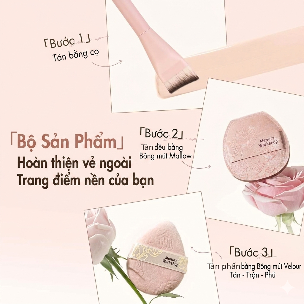 Bộ Cọ & Bông Mút Trang Điểm Cao Cấp Momo's Workshop Rosy Reverie Trio Set - Satin Rose Edition (3pcs)