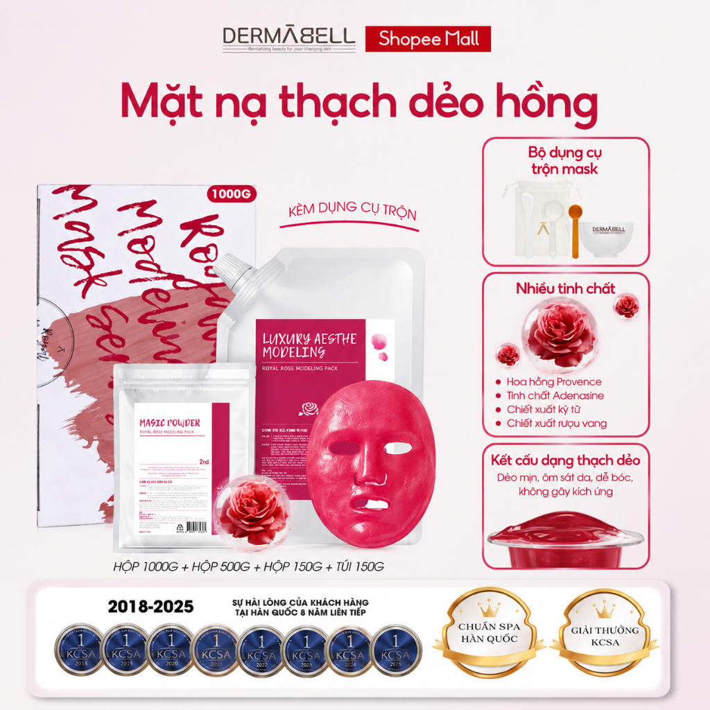 [Võ Hà Linh x Dermabell] Mặt Nạ Thạch Dẻo Hoa Hồng 1kg + Tặng Dụng Cụ Trộn 4 Món