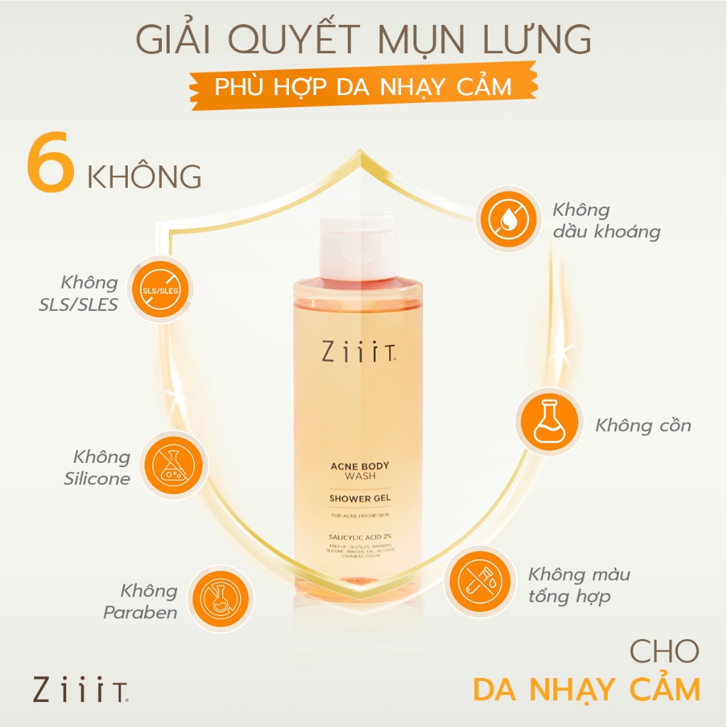 Sữa Tắm Giảm Mụn Lưng BHA 2% Kháng Khuẩn, Giảm Dầu Cho Da Nhạy Cảm ZiiiT 280ml