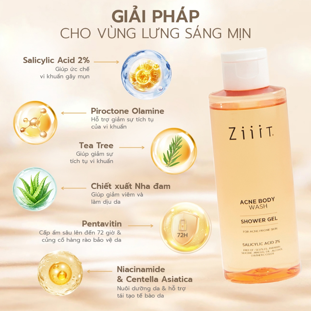 Sữa Tắm Giảm Mụn Lưng BHA 2% Kháng Khuẩn, Giảm Dầu Cho Da Nhạy Cảm ZiiiT 280ml