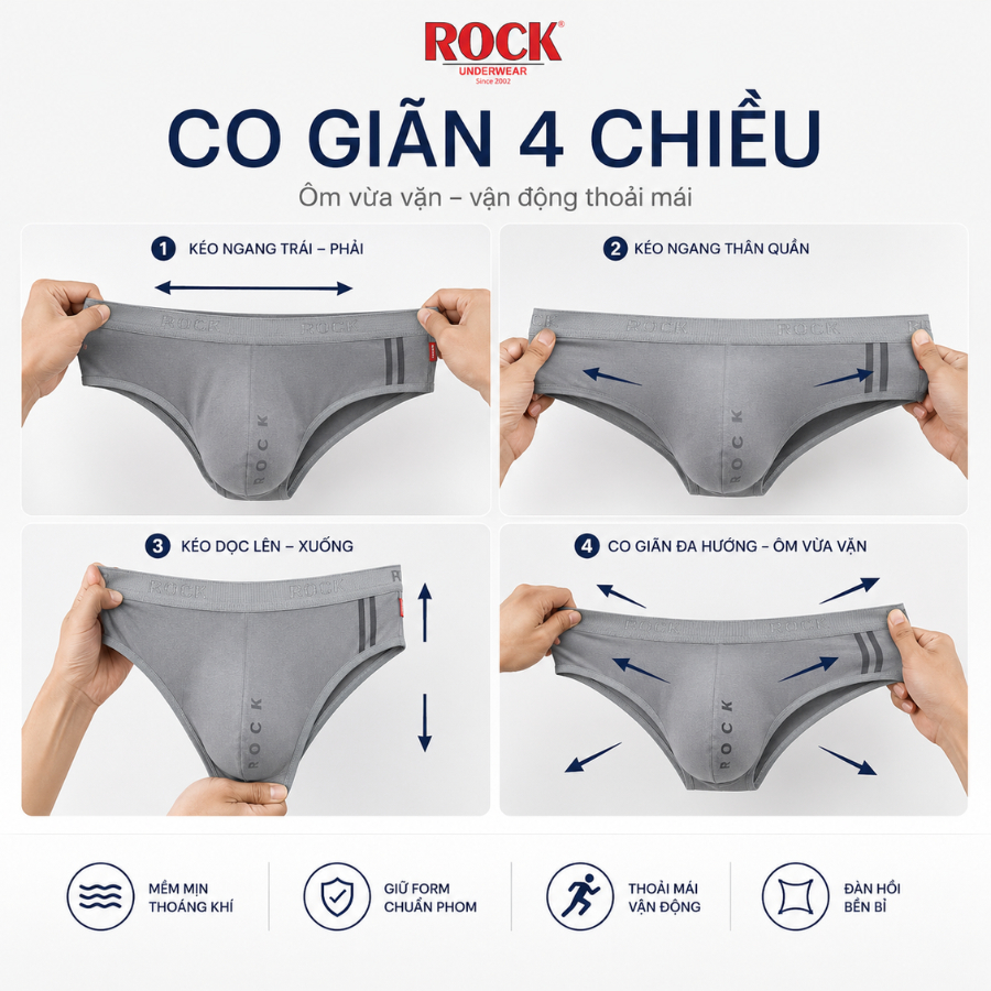 Quần Lót Nam ROCK QA428 Chất Liệu Cotton Cao Cấp Thoáng Mát Thấm Hút Tốt, Quần Sịp Nam Cao Cấp Không Bí Bách