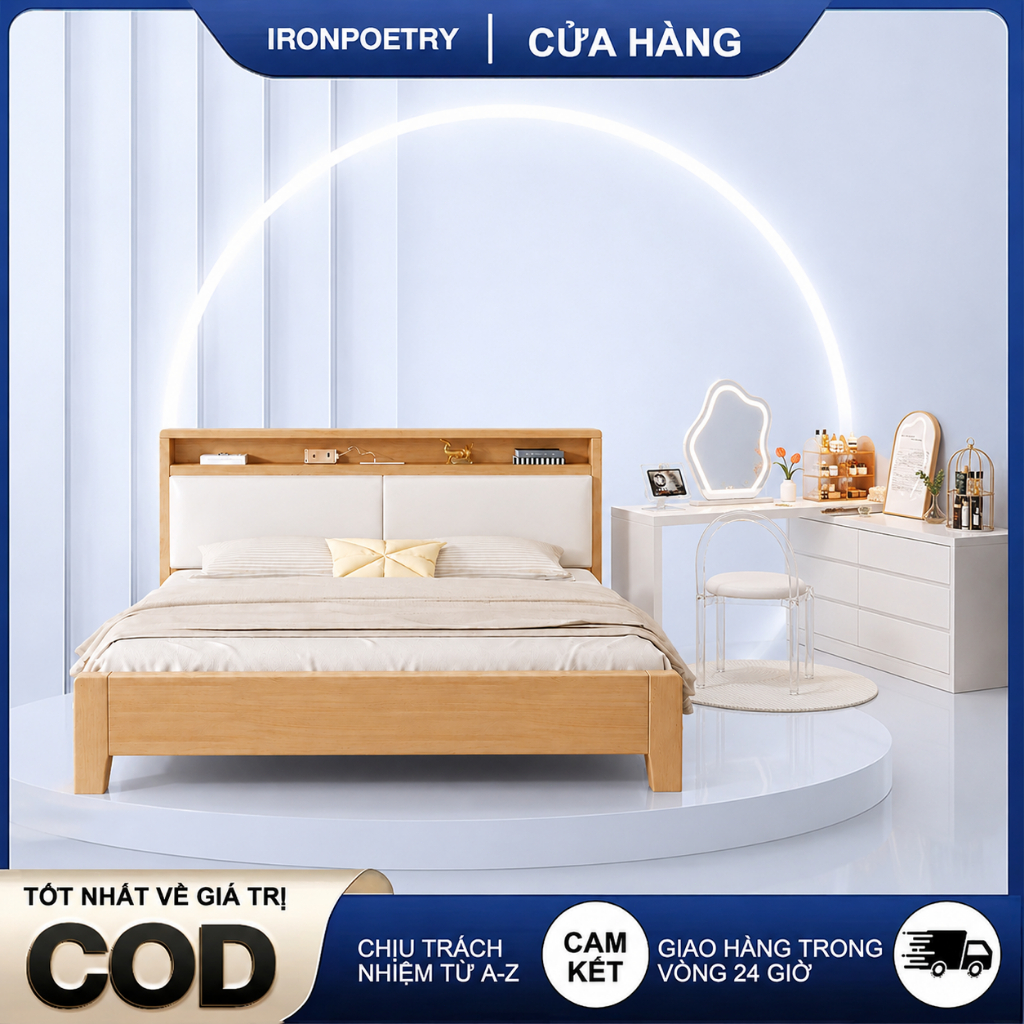 IRONPO Giường Gỗ Bắc Âu Tối Giản Tone Kem Sang Trọng Khung Chắc Chắn Cho Phòng Ngủ Hiện Đại