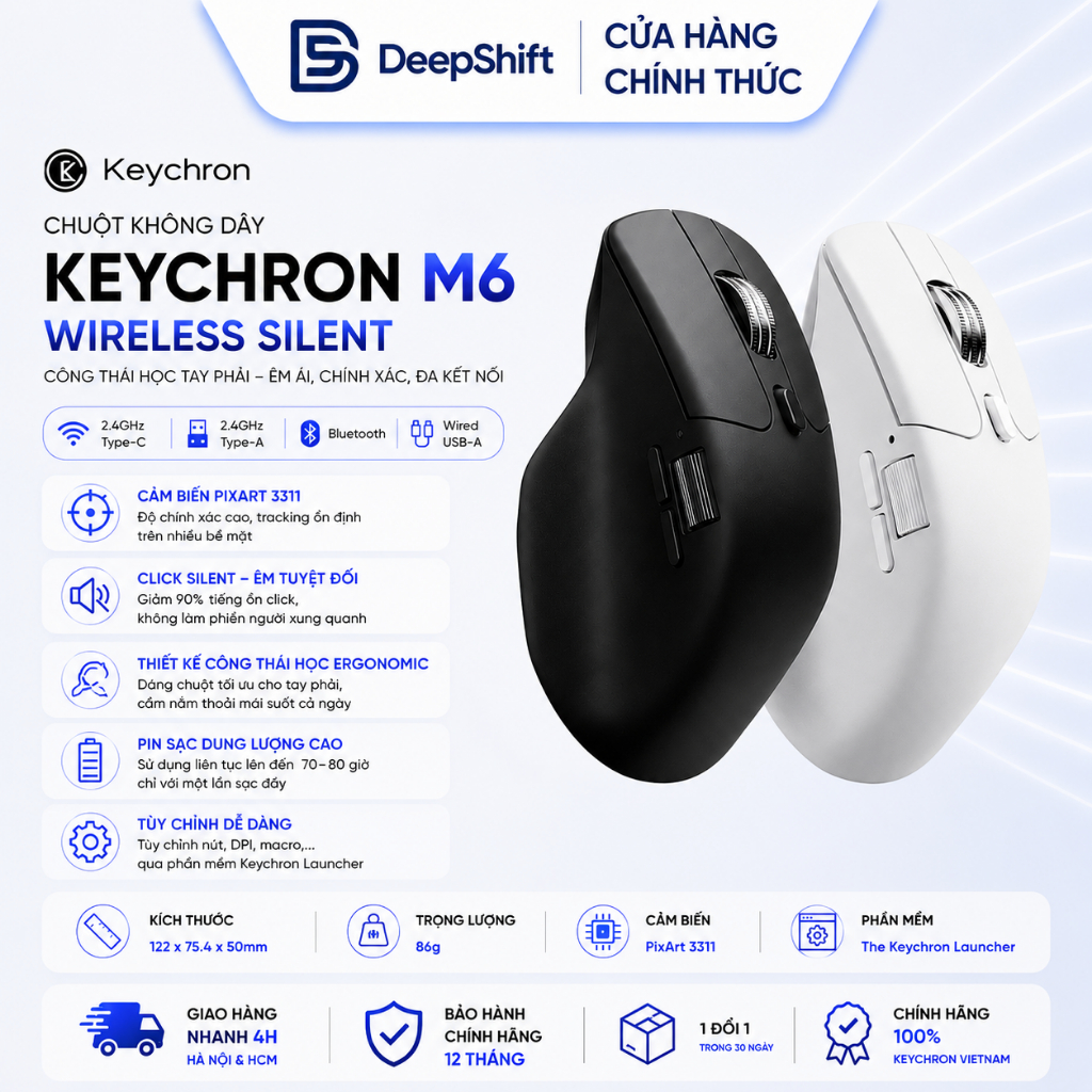 Chuột không dây Keychron M6 Silent 3 Mode Pixart 3311 26000 DPI 2 Scroll 800mAh