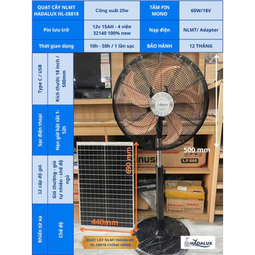 Quạt cây/đứng tích điện Năng lượng mặt trời SOLAR FAN.Kích thước quạt 18inch,12cấp độ.Phụ kiện rời,khách hàng tự lắp đặt