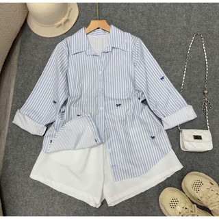 Set đồ bigsize nữ áo sơ mi kẻ sọc phom rộng phối quần đùi lưng chun co giãn thoải mái thoáng mát basic ngày hè - SET975