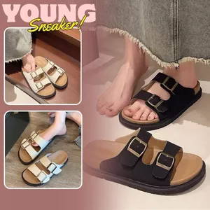 Dép Nữ Da Lộn 2 Quai Khoá Cài 2 Quai 2 Khuy Vuông Đế Gầy N15 || Young Sneaker