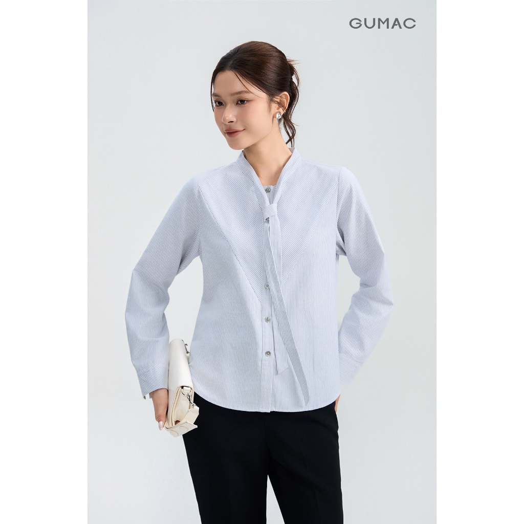 Áo Sơ Mi Nữ GUMAC Form Suông Phối Sọc Chéo Tay Dài Phối Bản Tay Tinh Tế AG05001