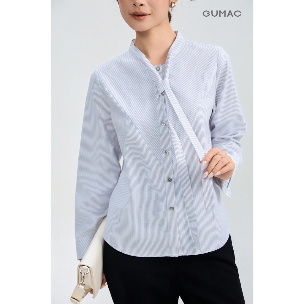 Áo Sơ Mi Nữ GUMAC Form Suông Phối Sọc Chéo Tay Dài Phối Bản Tay Tinh Tế AG05001