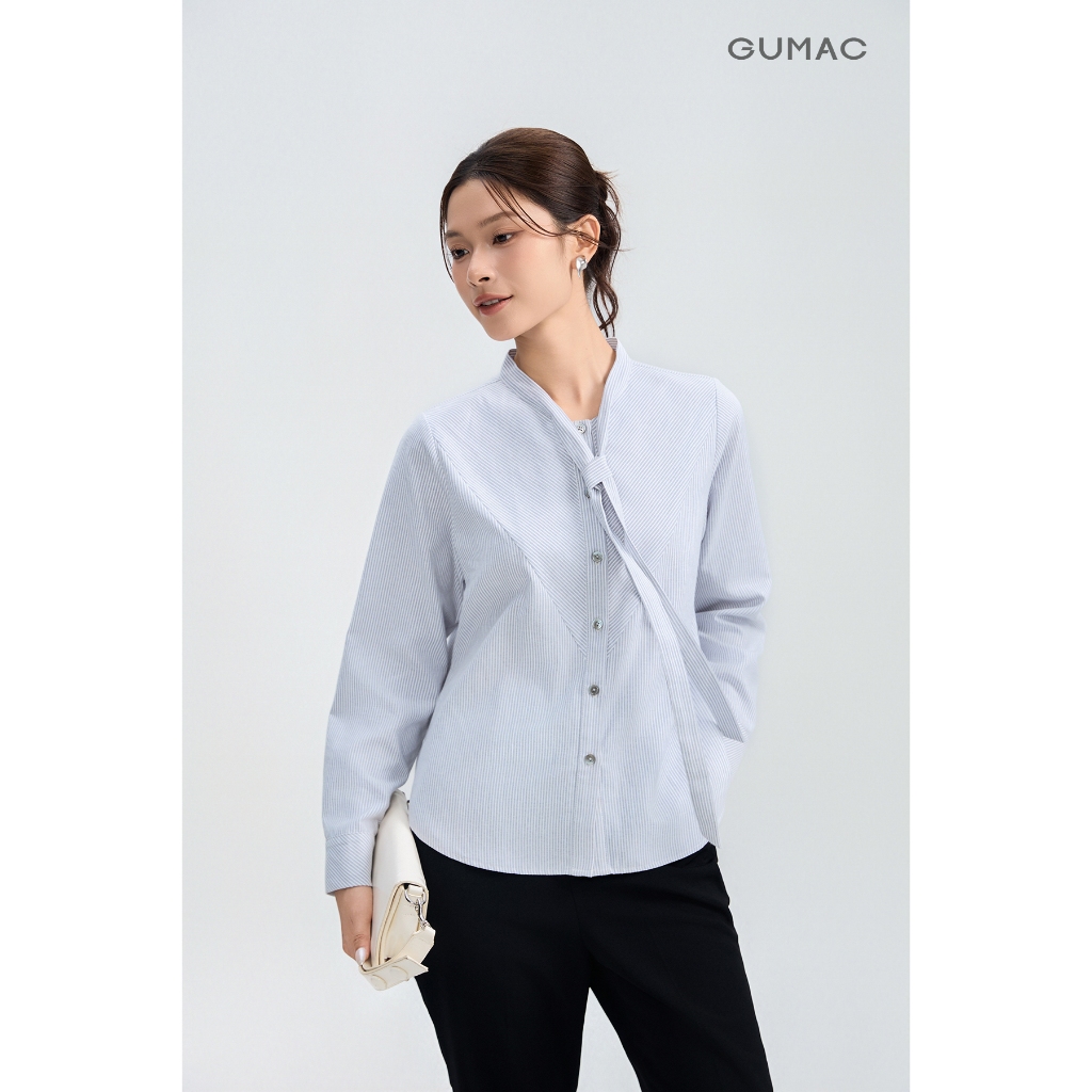 Áo Sơ Mi Nữ GUMAC Form Suông Phối Sọc Chéo Tay Dài Phối Bản Tay Tinh Tế AG05001