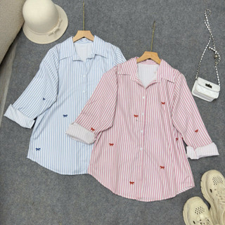 Áo Sơ Mi Bigsize Nữ Somi Kẻ Sọc Tay Dài In Nơ Dễ Thương Cá Tính Form Rộng Cho Chubby SM181