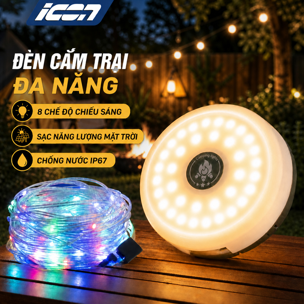 Đèn LED cắm trại ngoài trời ICON, năng lượng mặt trời + sạc USB, 8 chế độ, thích hợp trang trí lều, tiệc tùng, lễ hội