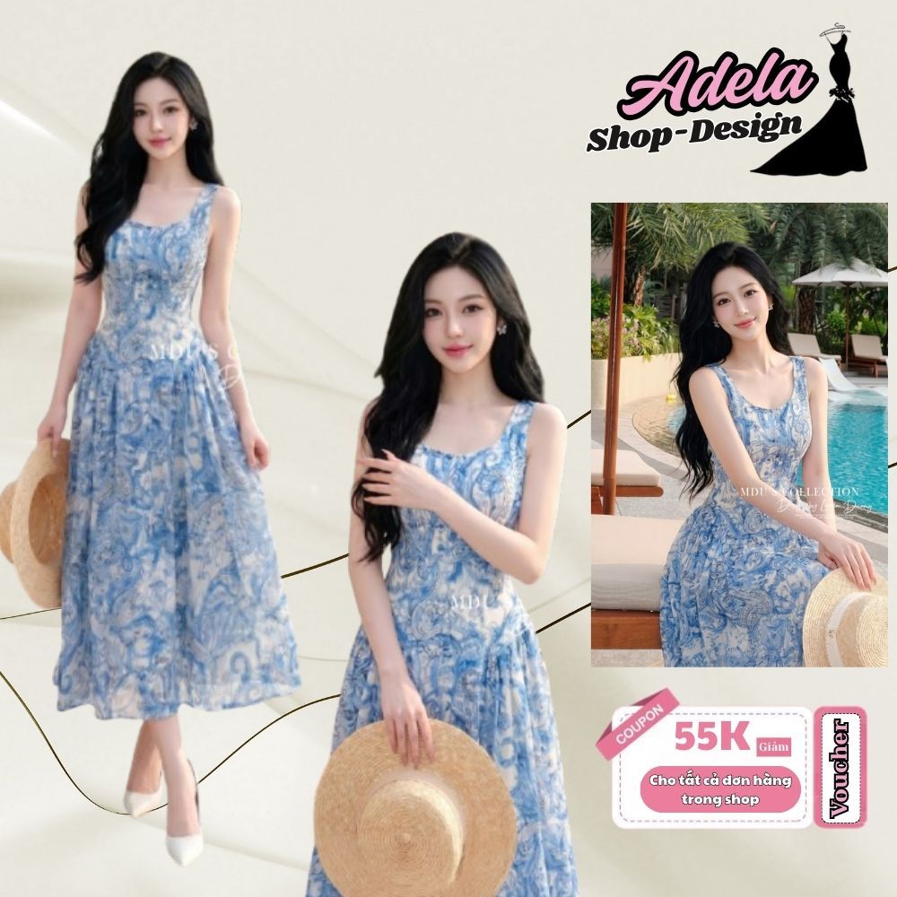 Váy Thiết Kế ADELA DESIGN Tơ Hàn Cao Cấp Dáng Xòe Hai Dây Cổ Chữ U MDU5979