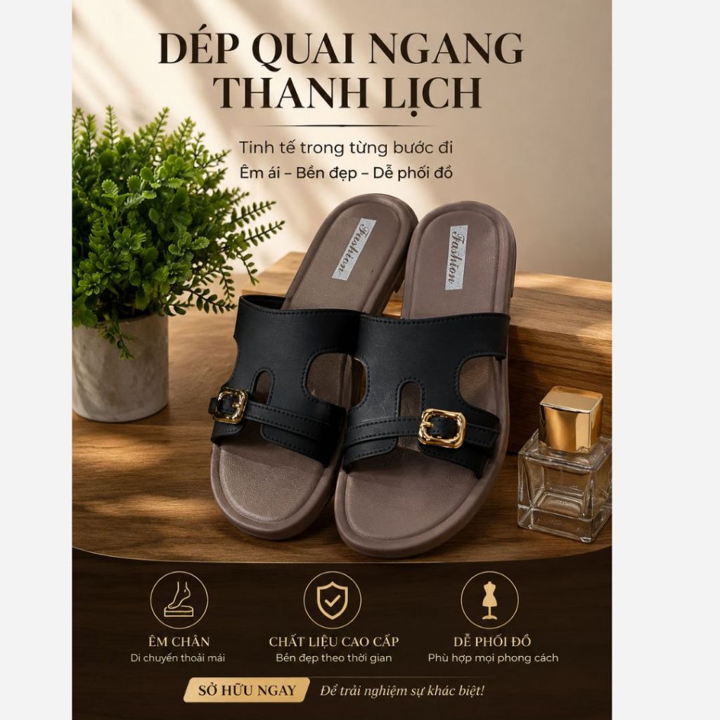 Dép nữ thời trang mùa hè 2026 đế bệt gắn khoá vàng quai ngang chất PU êm chân và thoải mái