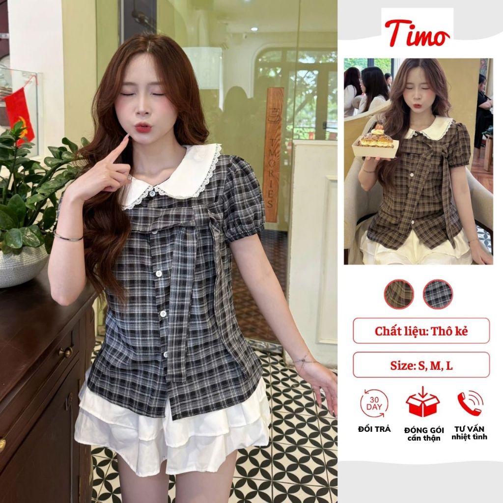 Áo sơ mi nữ kẻ caro cổ sen tay bồng thắt nơ xinh xắn che khuyết điểm eo siêu xinh AOT130