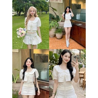 Set áo croptop 2 lớp dáng babydoll tay phồng tiểu thư cổ sen thắt nơ dễ thương Hàn Quốc