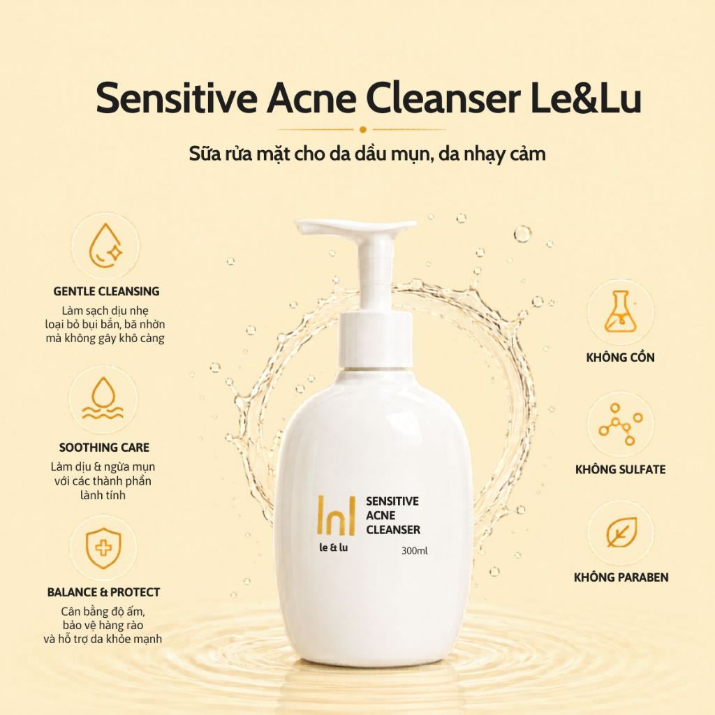Sữa Rửa Mặt Cho Da Dầu Mụn Nhạy Cảm SENSITIVE ACNE CLEANSER Le&Lu 300ml
