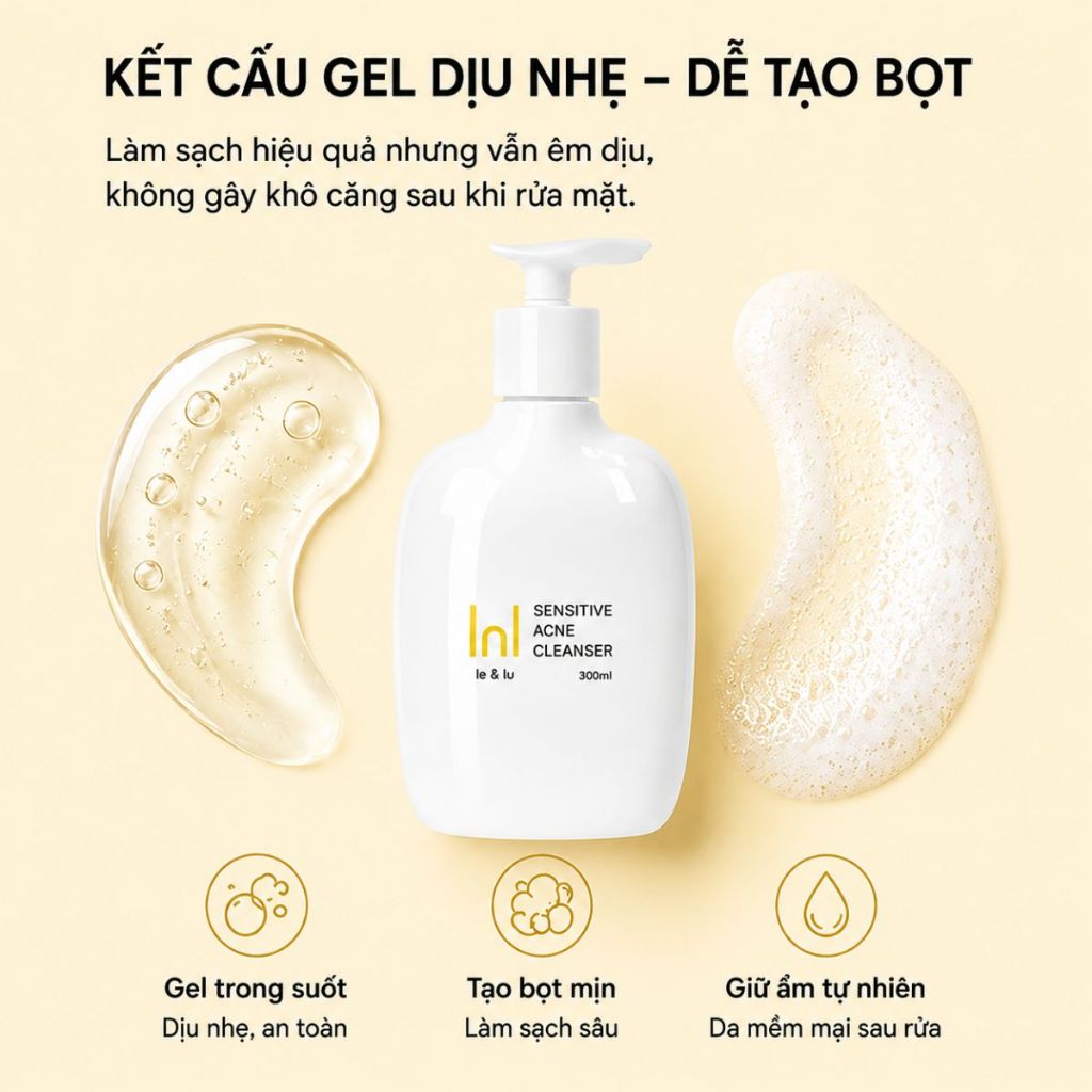 Sữa Rửa Mặt Cho Da Dầu Mụn Nhạy Cảm SENSITIVE ACNE CLEANSER Le&Lu 300ml
