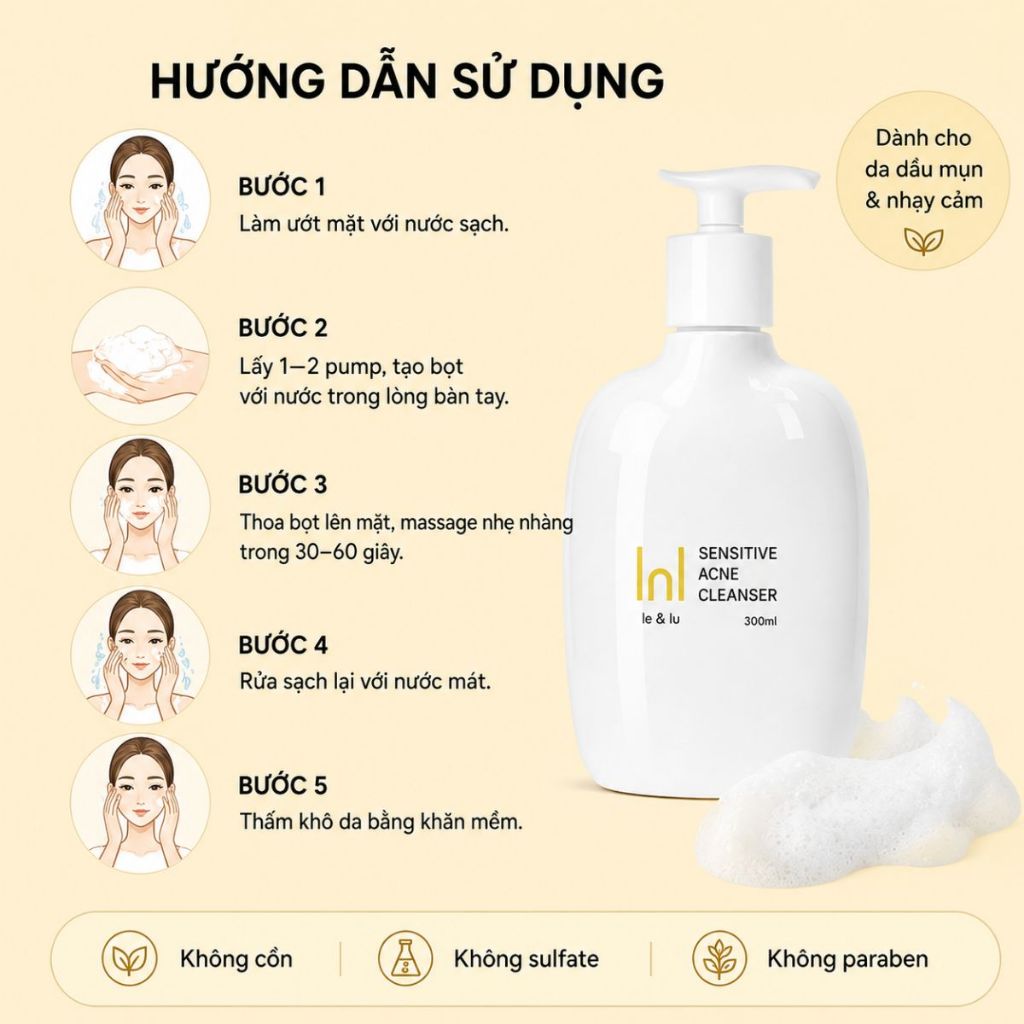 Sữa Rửa Mặt Cho Da Dầu Mụn Nhạy Cảm SENSITIVE ACNE CLEANSER Le&Lu 300ml