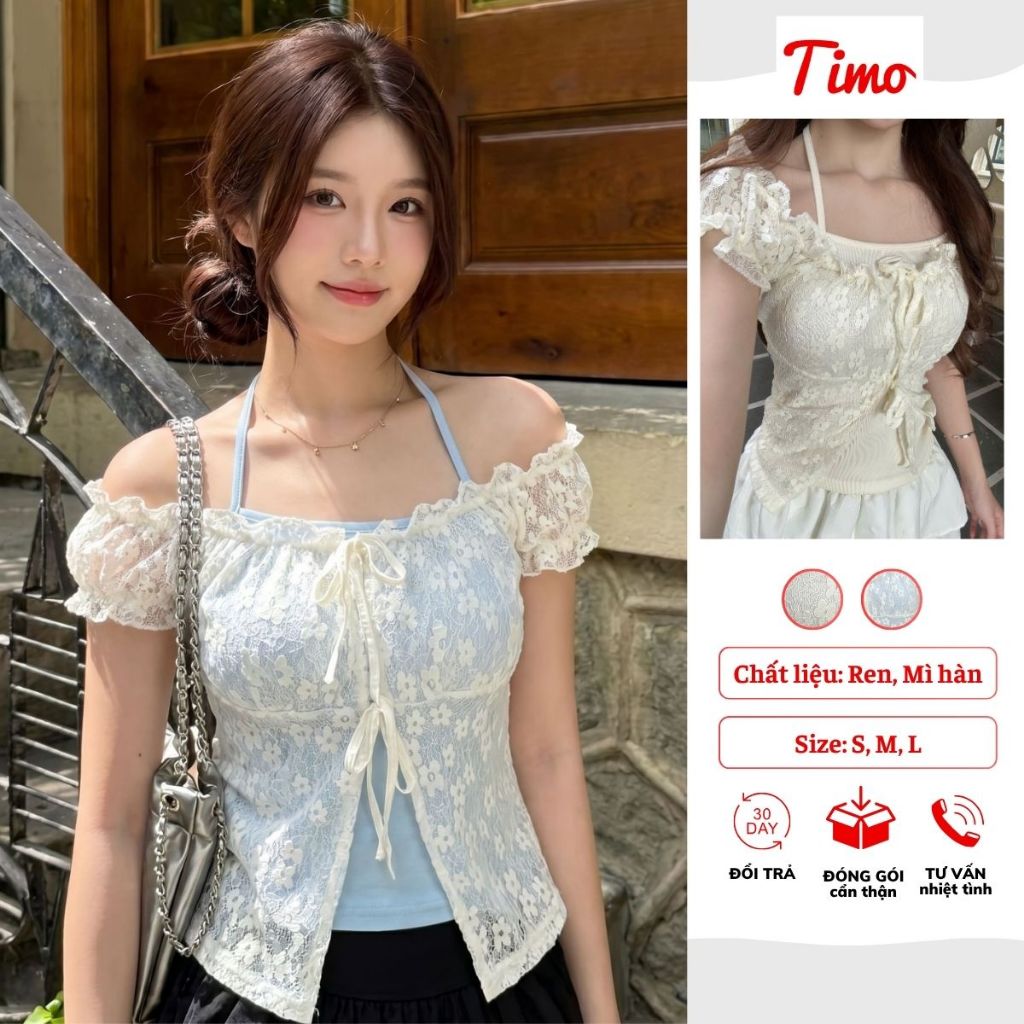 Sét áo kiểu nữ, áo ren hoa phối yếm nhún cổ mặc tôn dáng, áo mặc đi chơi, đi biển đều xinh AOT127