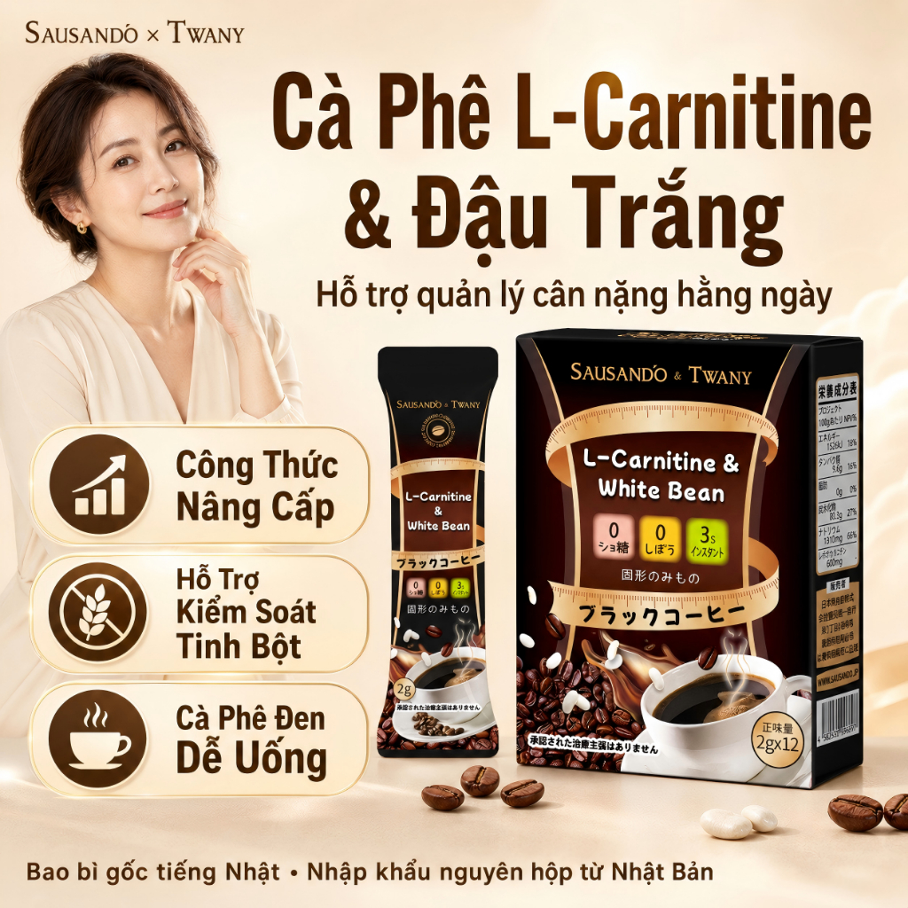 Cà Phê L-Carnitine Đậu Trắng Sausando Twany Hỗ Trợ Quản Lý Cân Nặng Cà Phê Đen Nhật Bản