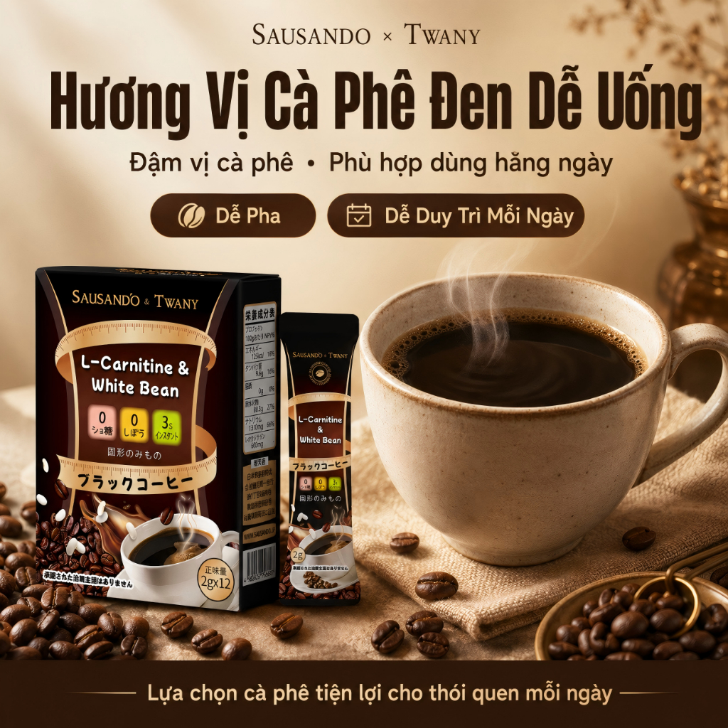 Cà Phê L-Carnitine Đậu Trắng Sausando Twany Hỗ Trợ Quản Lý Cân Nặng Cà Phê Đen Nhật Bản