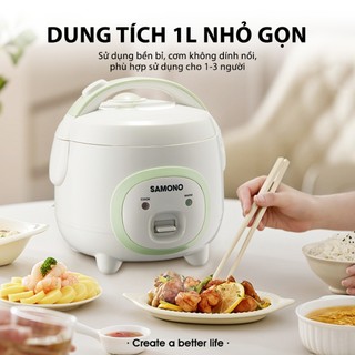 (Tặng hộp cơm) Nồi Cơm Điện mini SAMONO 1 Lít Công suất 500W - Lòng nồi chống dính - Kèm xửng hấp SW-RCES10
