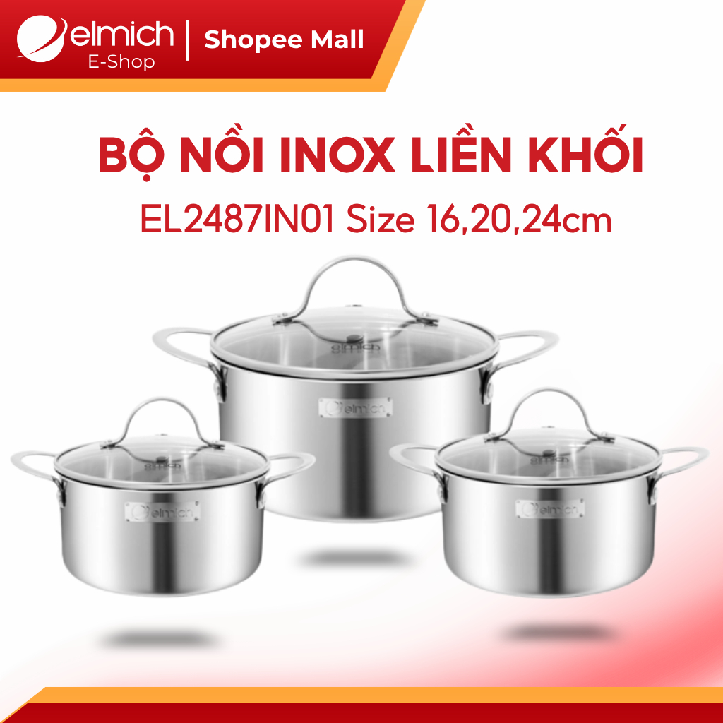 Bộ Nồi Inox Liền Khối Elmich EL2487IN01 Size 16,20,24cm Công Nghệ 3 Lớp Dùng Bếp Từ Cao Cấp