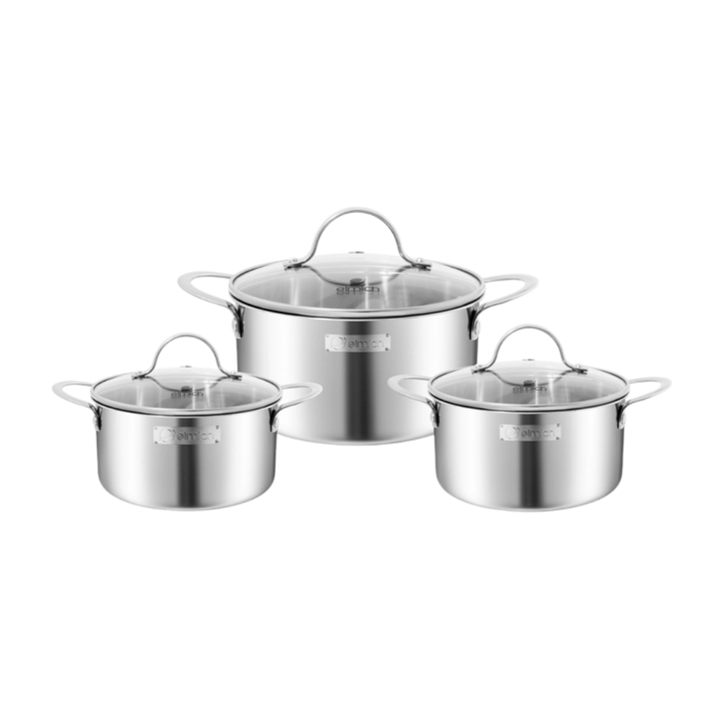 Bộ Nồi Inox Liền Khối Elmich EL2487IN01 Size 16,20,24cm Công Nghệ 3 Lớp Dùng Bếp Từ Cao Cấp