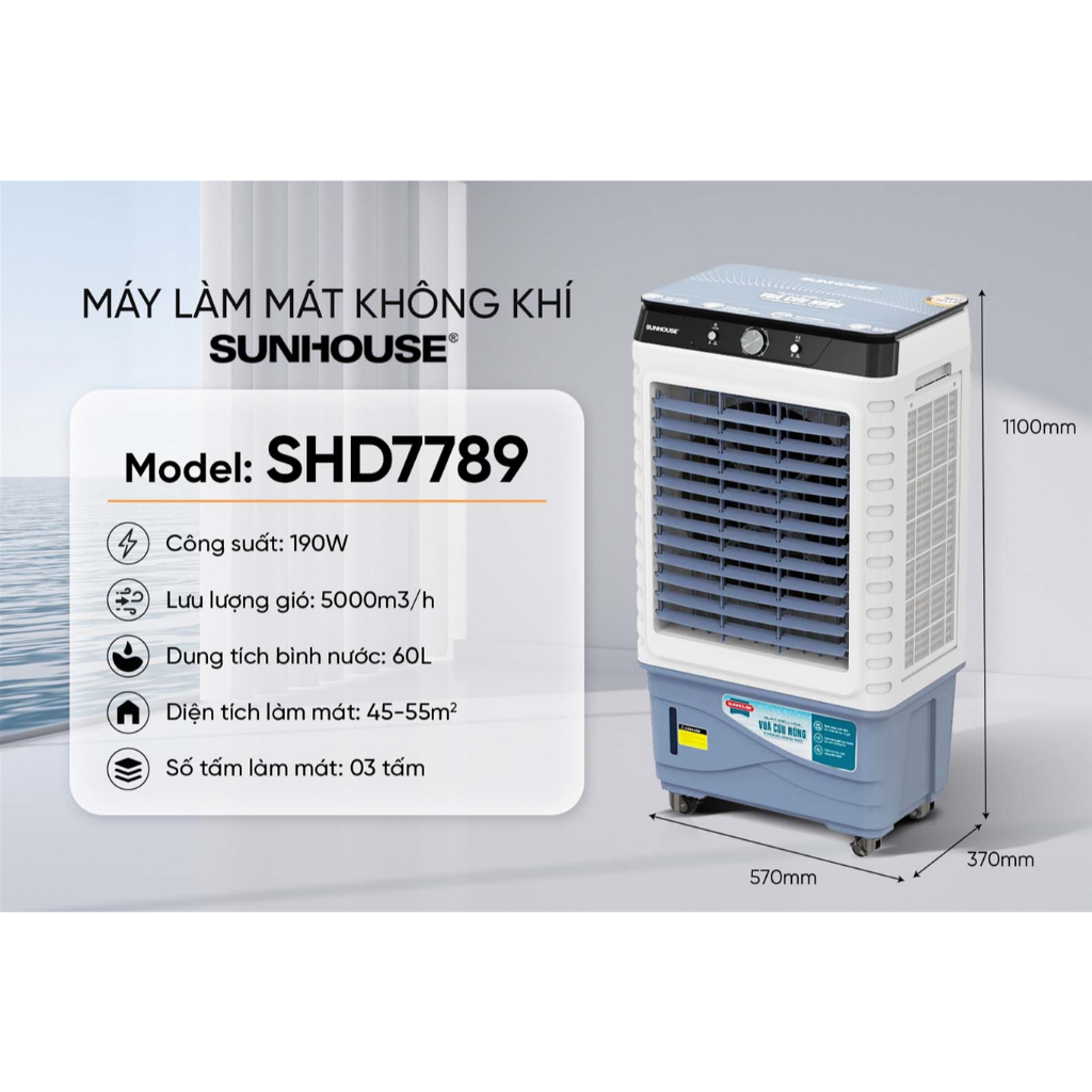 [Chính Hãng - Mới 100%] Quạt Điều Hòa SUNHOUSE SHD7789 60L - 190W Mạnh Mẽ Độ Bền Cao BH 12 Tháng