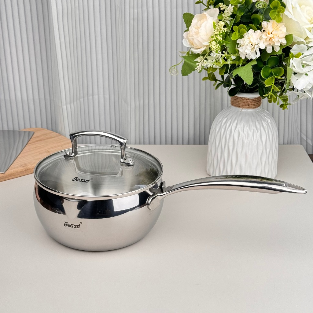 Chảo Sâu Lòng Có Miệng Rót Bossd Inox 18/10 Có Vạch Chia 16cm/18cm Dùng Tất Cả Bếp