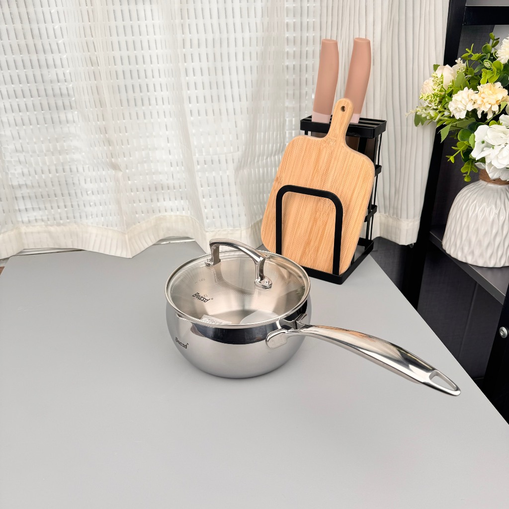 Chảo Sâu Lòng Có Miệng Rót Bossd Inox 18/10 Có Vạch Chia 16cm/18cm Dùng Tất Cả Bếp