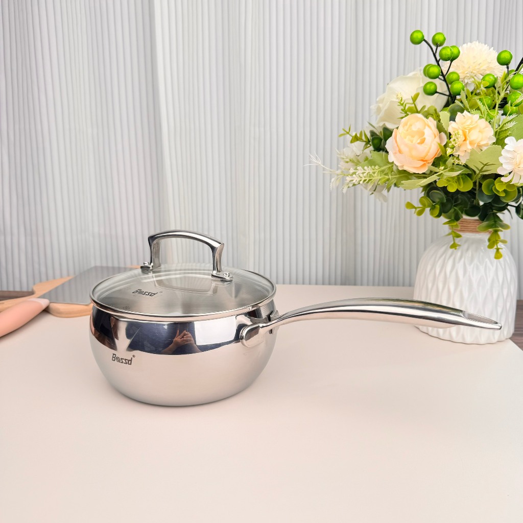 Chảo Sâu Lòng Có Miệng Rót Bossd Inox 18/10 Có Vạch Chia 16cm/18cm Dùng Tất Cả Bếp