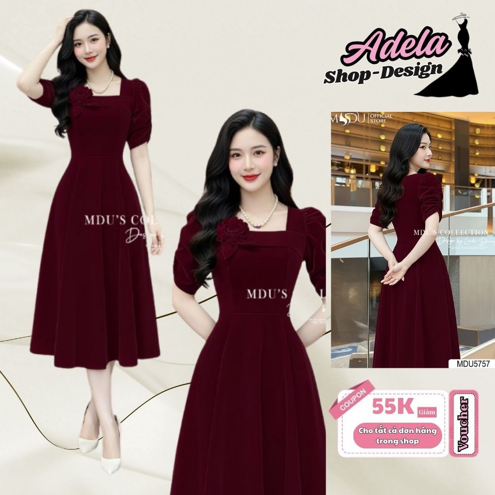 Váy thiết kế ADELA DESIGN nhung Hàn đỏ đô cổ vuông tay bồng đính hoa thanh lịch BST MDU5757
