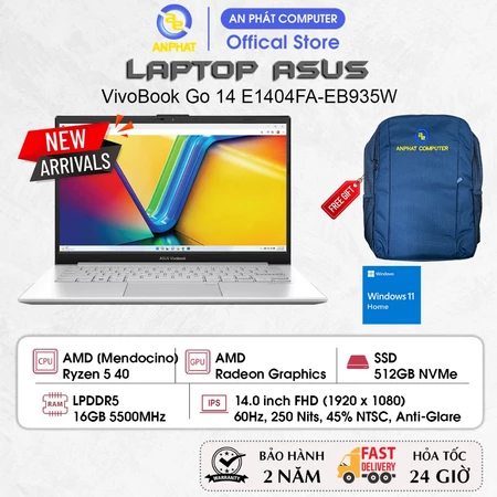 Laptop ASUS VivoBook Go 14 E1404FA-EB935W, Ryzen 5 40, 16GB RAM, 512GB SSD, 14.0 inch FHD, Win11