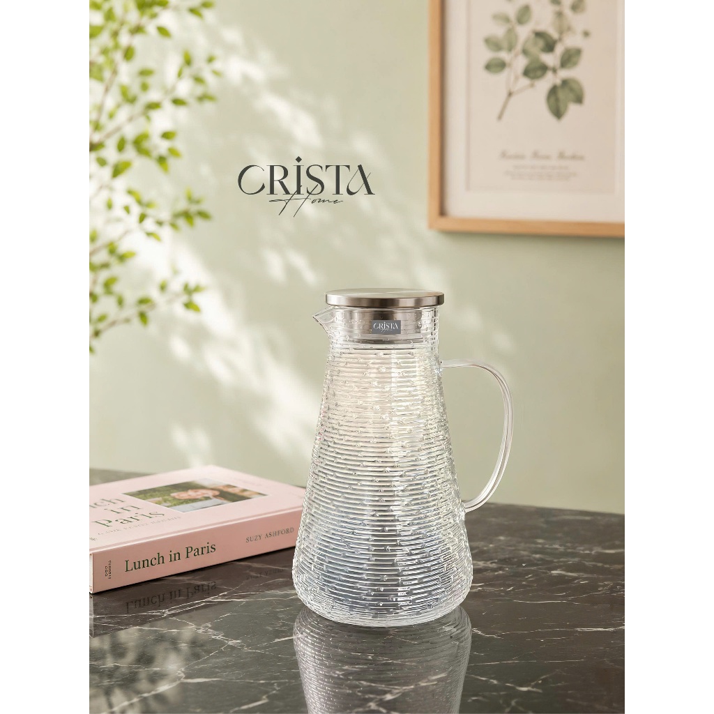 Bình Thủy Tinh Chịu Nhiệt 2L Crista Home Vân Ngang Có Nắp Inox 304 | Bình Pha Trà Detox Nóng Lạnh 60279