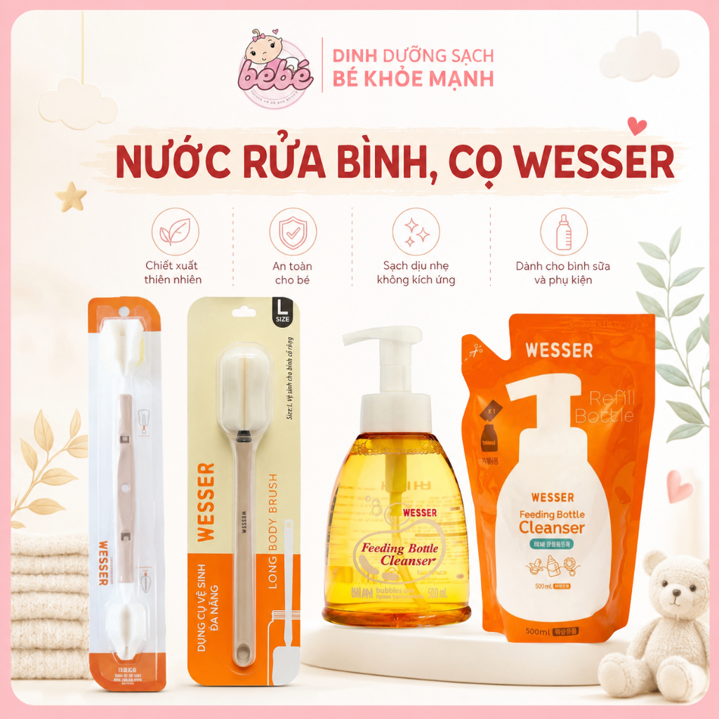 Nước rửa bình sữa, cọ bình sữa Wesser - Nước rửa trái cây và rau củ nội địa Hàn Quốc 500ml