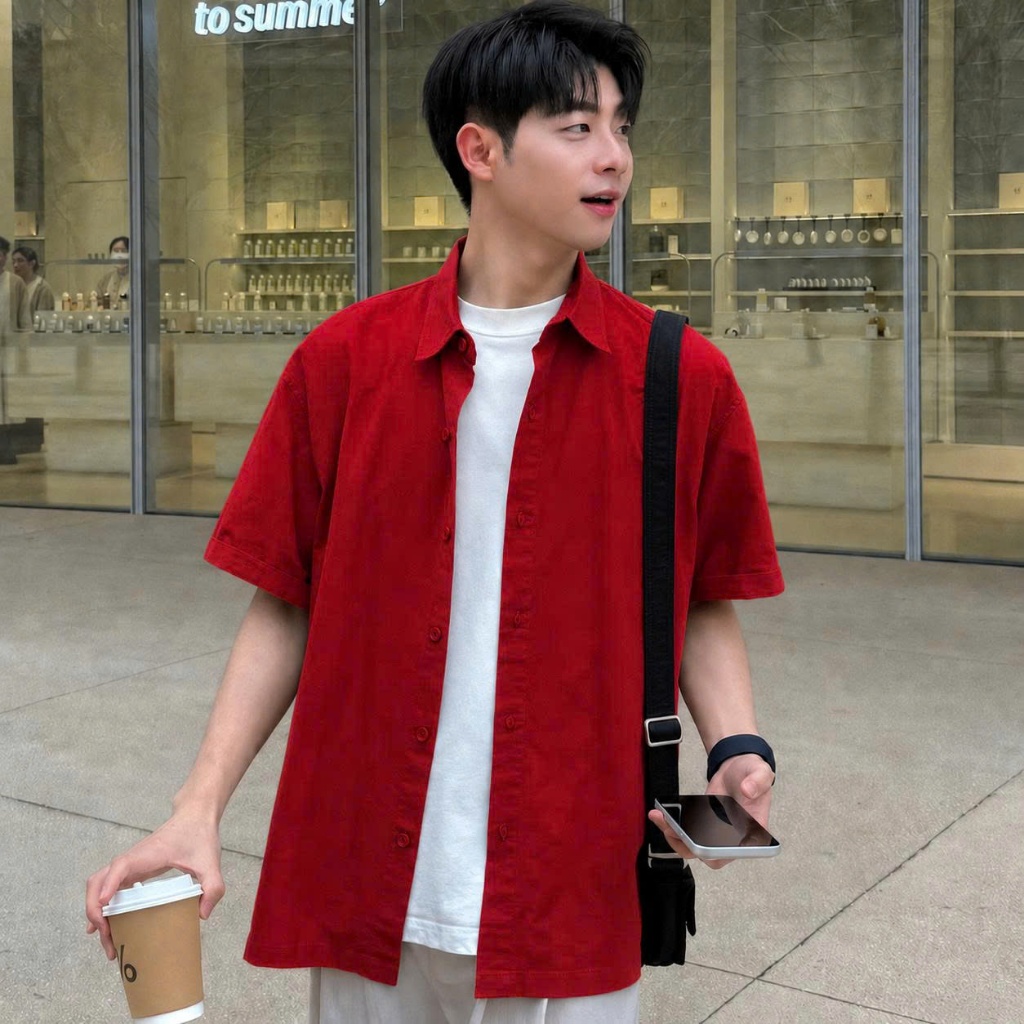 Sơ Mi Đũi Linen Cộc Tay Màu Đỏ Đi Biển Đi Cafe Áo Sơ Mi Nam Tay Ngắn Mùa Hè Thoáng Mát Halley A42