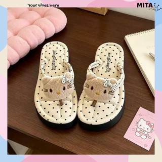 Dép kẹp đi biển nữ đế cao 4cm chất liệu PVC phối họa tiết mèo nâu chấm bi mùa hè 2026 DK-14 Mita