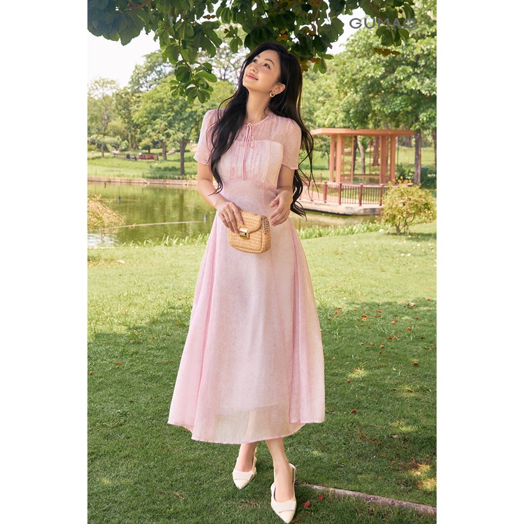 Đầm Nữ GUMAC Form A Xòe Cổ Tròn Phối Nơ Cách Điệu Họa Tiết Hoa Thanh Lịch Nữ Tính DG05070