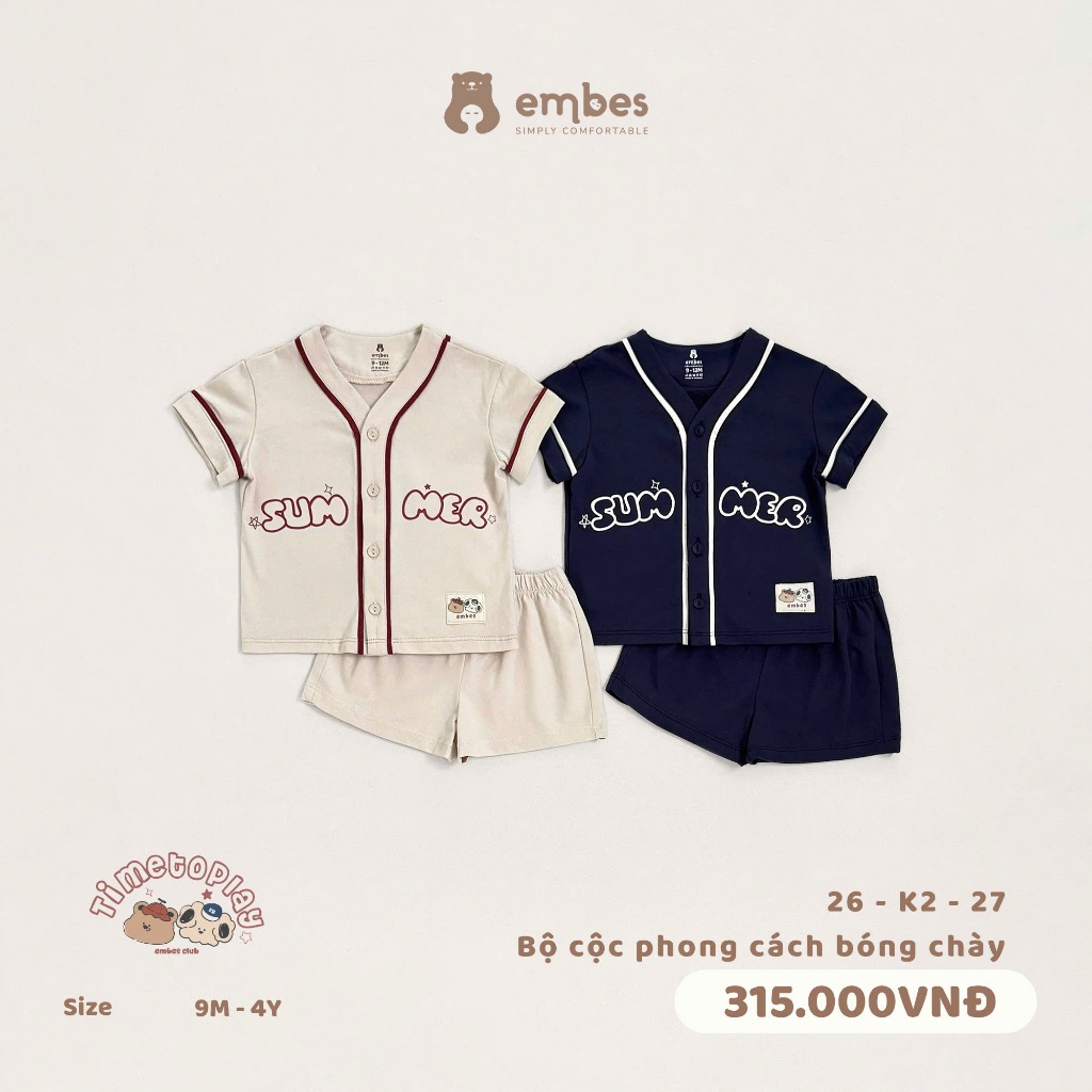 Bộ Cộc Bé Trai Embes, Bộ Cộc Tay Summer Phong Cách Bóng Chày Chất Cotton Cho Bé Trai Size Từ 8-17kg